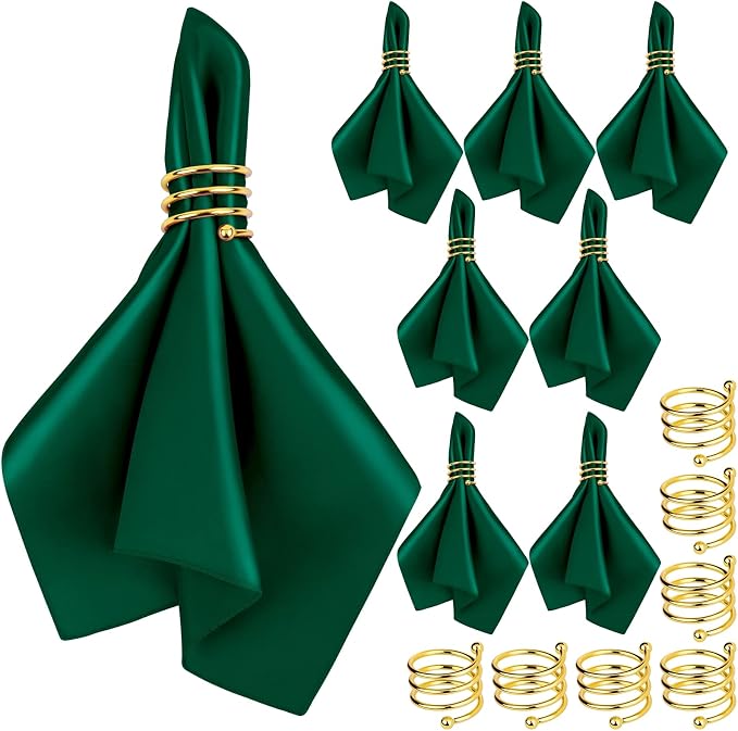 MCEAST Satin Cloth Napkins and Napkin Rings Set of 8, Smooth Fabric Table Napkins and Napkin Holder for Wedding, Birthday Dinner Party, Family Gatherings, Table Decor (Dark Green, 17 x 17 Inches)