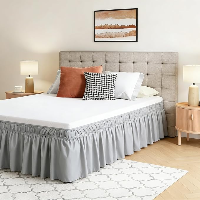 Vocander Grey Twin Bed Skirt 14 Inch Drop, Elastic Wrap Dust Ruffle | Hides Underbed Storage, No Mattress Lifting, Elastic Stays Put, Soft Fabric, Machine Washable, Polished Look