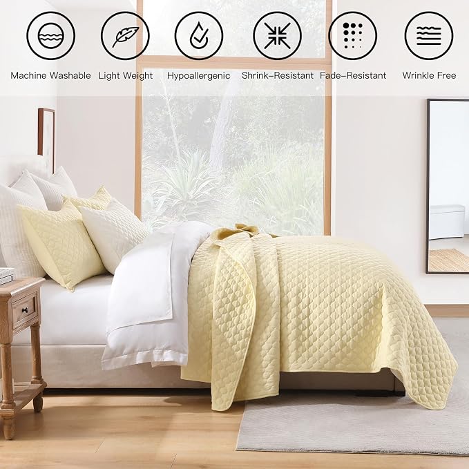 HORIMOTE HOME Quilt Queen Size Light Yellow, Lightweight Quilts for Summer Ultra-Soft Microfiber Modern Style Quilted Clouds Pattern Bedspread Quit Set 3 Pieces(1 Quilt and 2 Pillow Shams)