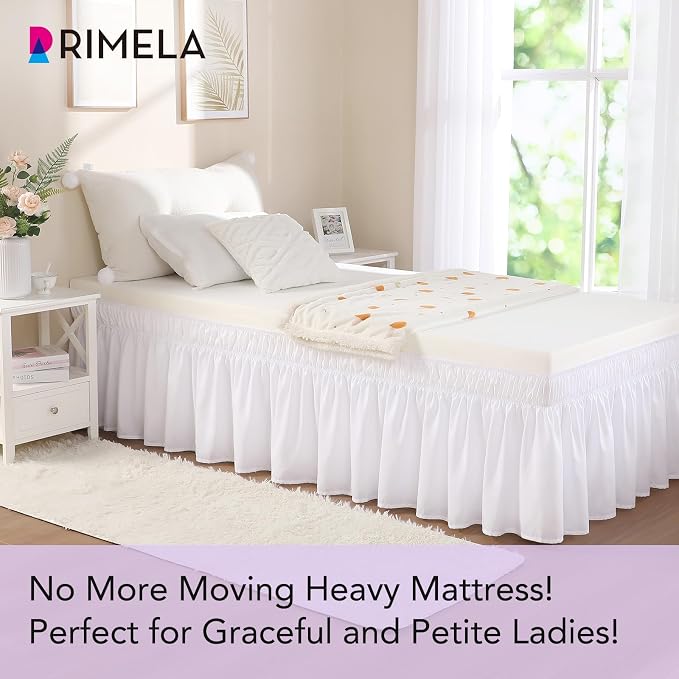 White Bed Skirt Twin Size 15 Inch Drop, Elastic Wrap Around Bedskirt | Solid Ruffled, Easy to Use, No Mattress Lifting, Wrinkle & Fade Resistant, with Adhesive Strips, Machine Wash/Dry/Iron