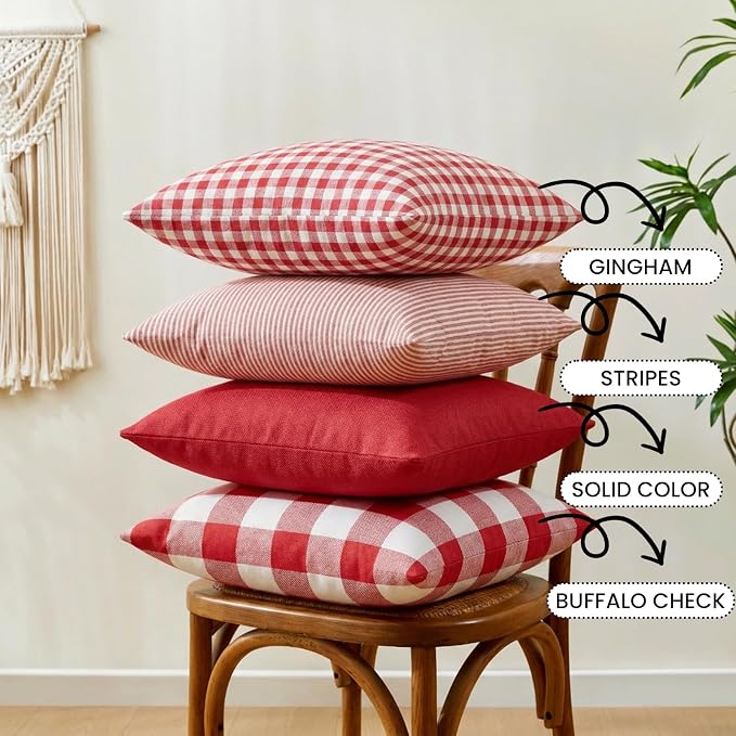 Red and White Buffalo Check Plaid Outdoor Throw Pillow Cover 20x20 Set of 4 | Red and White Christmas Plaid Pillow Covers 20x20 Set of 4, Red Checkered Striped Gingham Throw Pillows for Couch Sofa Bed