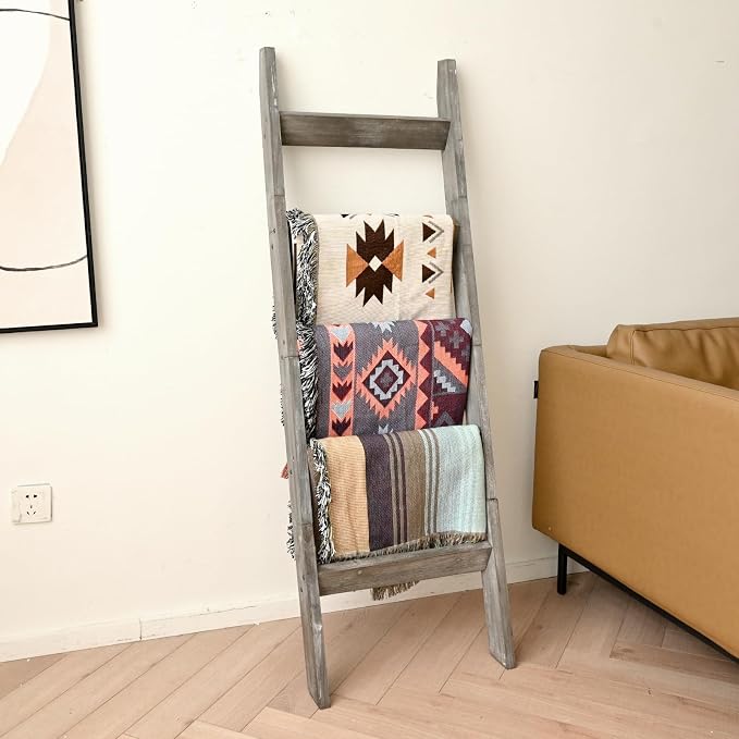 FUIN Blanket Ladder, 5ft Angled rungs Rustic Solid Wood Decor Rack, Grey | 5 rungs, farmhouse quilt display holder, organize towel, leaning wall, bathroom and living room use, knocked down side rail