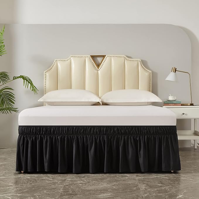 MEILA Wrap Around Elastic Bed Skirt for Queen & King Beds, 24" Drop, Black | Three-Side Adjustable Elastic Dust Ruffle, Ruffled Polyester Fabric, Easy to Install, Fade Resistant & Machine Washable