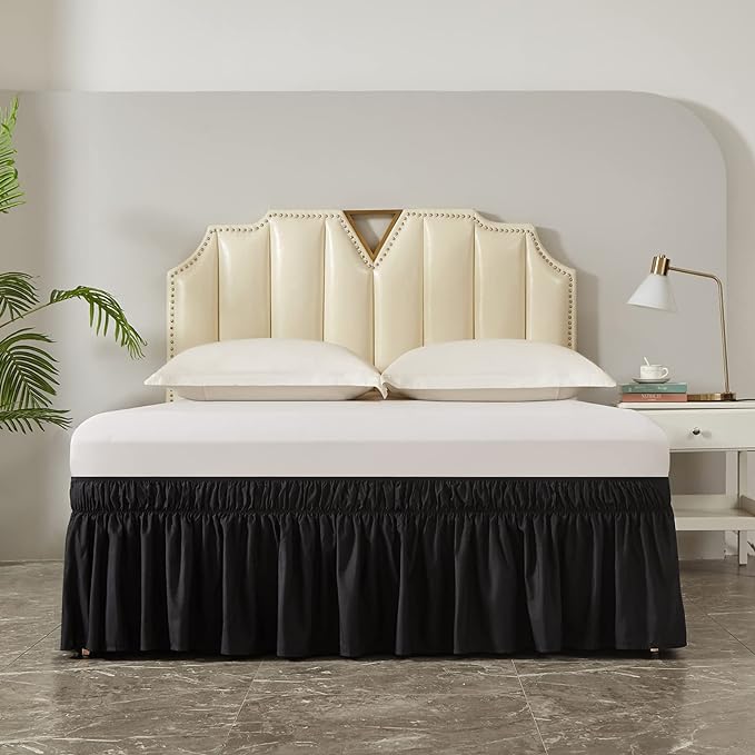 MEILA Wrap Around Elastic Bed Skirt for Queen & King Beds, 18" Drop,Black | Three-Side Adjustable Elastic Dust Ruffle, Ruffled Polyester Fabric, Easy to Install, Fade Resistant & Machine Washable