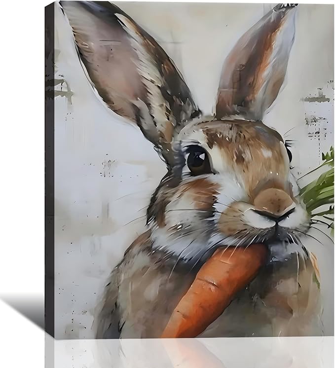 Rabbit Eating Carrot Framed Canvas Wall Art, Vintage Bunny Portrait Canvas Prints, Easter Rabbit Artwork for Living Room, Animal Painting Bedroom Office Bathroom Wall Decor