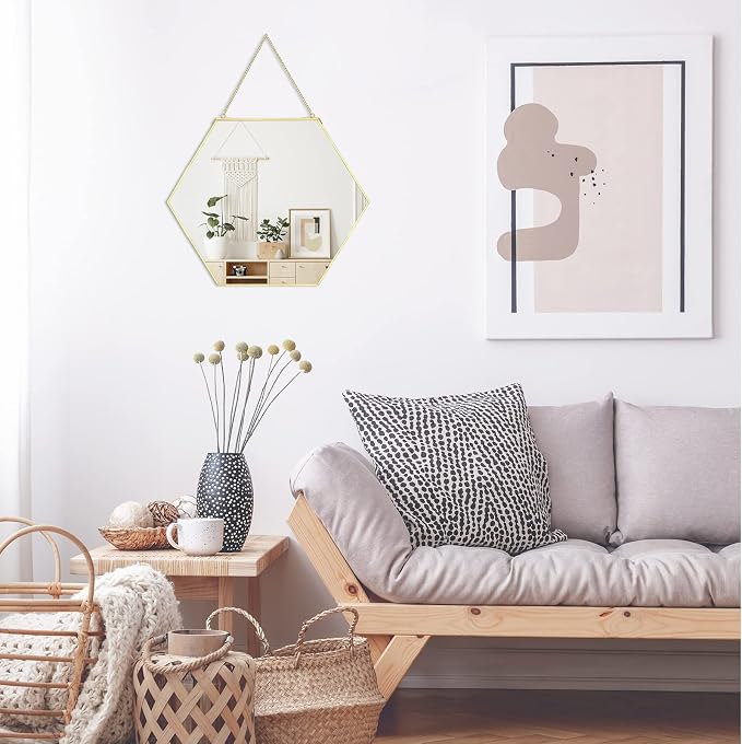 LONGWIN Hanging Wall Hexagon Mirror Decor Gold Geometric Mirror with Chain for Bathroom Bedroom Living Room 15.7"x 13.6"