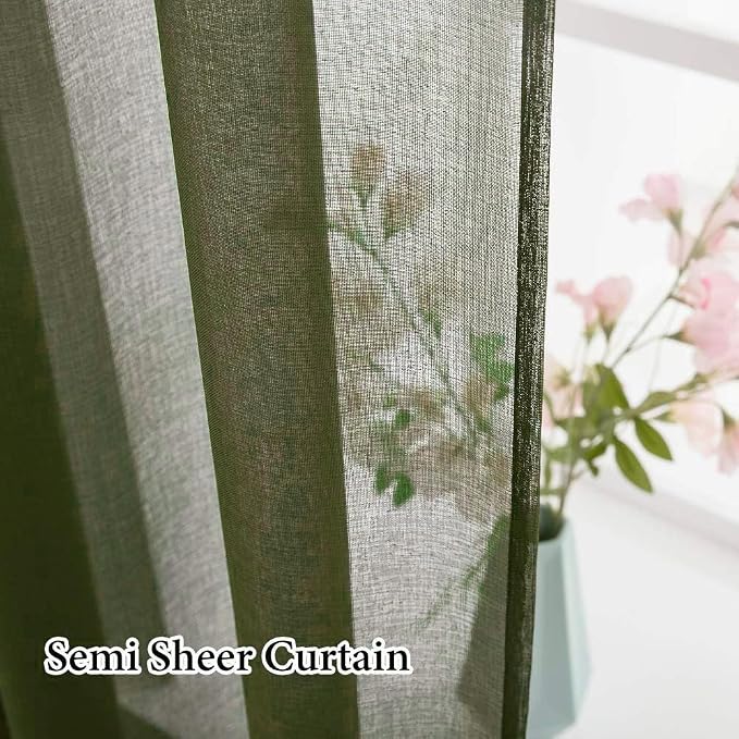 MIULEE Olive Green Linen Textured Semi-Sheer Curtains 42W×45L Kitchen | Semi Transparent, Farmhouse, Window Net Panels with Rod Pocket for Bedroom Living Room