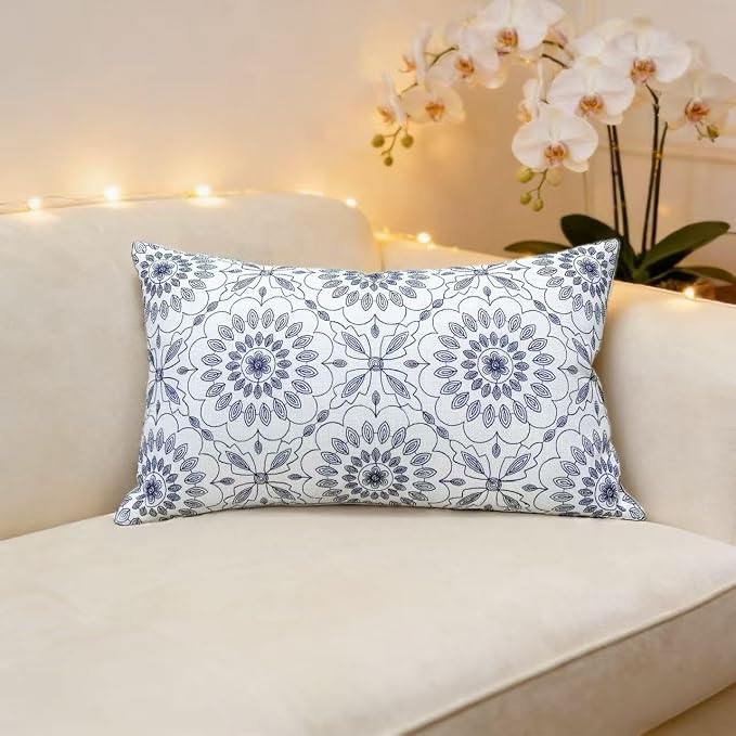 Slow Cow Linen Embroidery Decorative Lumbar Throw Pillow Cover Pillowcase Rectangular Pillow Cover Cushion Cover for Bed Couch Sofa 12 x 20 Inches Navy Blue