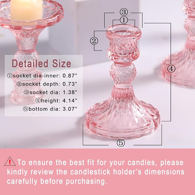 Glass Candle Holder Set of 12, Pink Taper Candle Holders Bulk | Vintage Candlestick Holders, Candle Stick Holder for Table Centerpieces, Wedding & Mother's Day