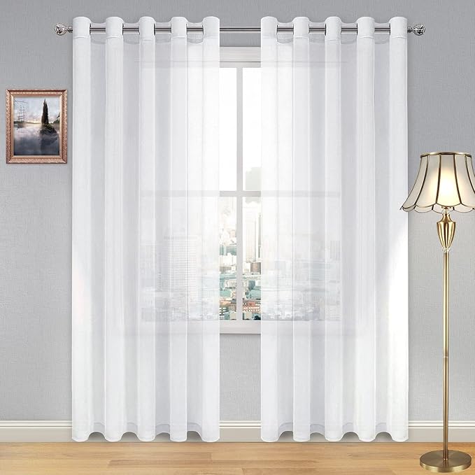 DWCN White Sheer Curtains Linen Look Semi Transparent Voile Grommet Curtains for Living Dining Room Drapes 60 x 84 Inch Long, Set of 2 Panels