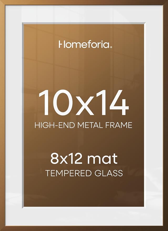 Homeforia 10x14 Bronze Picture Frame, High-End Metal, 8x12 Mat, Glass