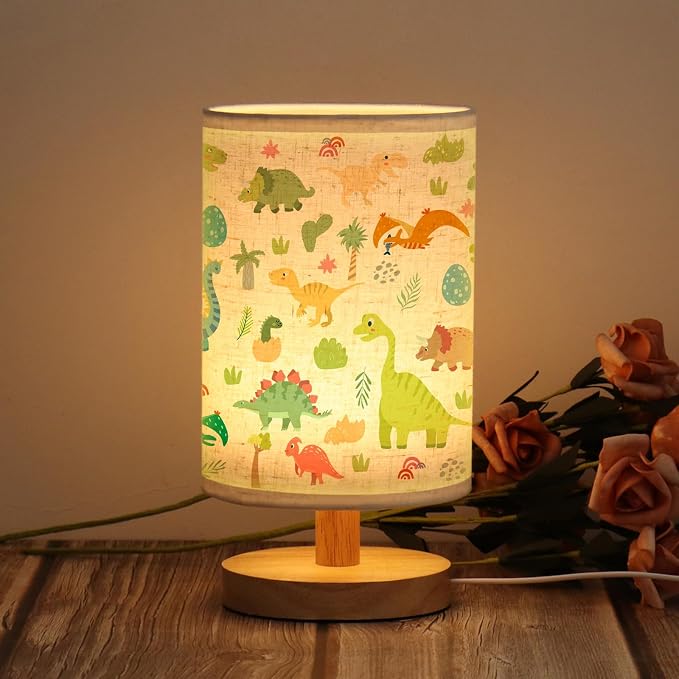 WSYEAR Bedside Table Lamp for Bedroom with Dinosaur Pattern Printed Shade 3-Way Dimmable Small Lamp with Wood Base for Living Room, Desk, Dorm, Home Office