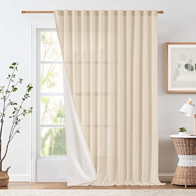 jinchan Lined Linen Curtains Extra Wide Back Tab 100x90 Inch 1 Panel Beige | Light Filtering Curtains with White Privacy Liner, Cottage Core Farmhouse Curtains for Living Room, Rod Pocket 90 Inch Length
