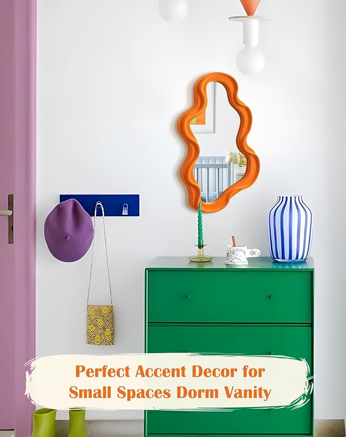 Small Decorative Mirror for Girly Bedroom Dresser Decor, Vivid Abstract Wavy Wall Mirrors for Home Aesthetic Book Coffee Shop Hotel Decoration, Unique Gift for Birthday Thanksgiving (Orange)