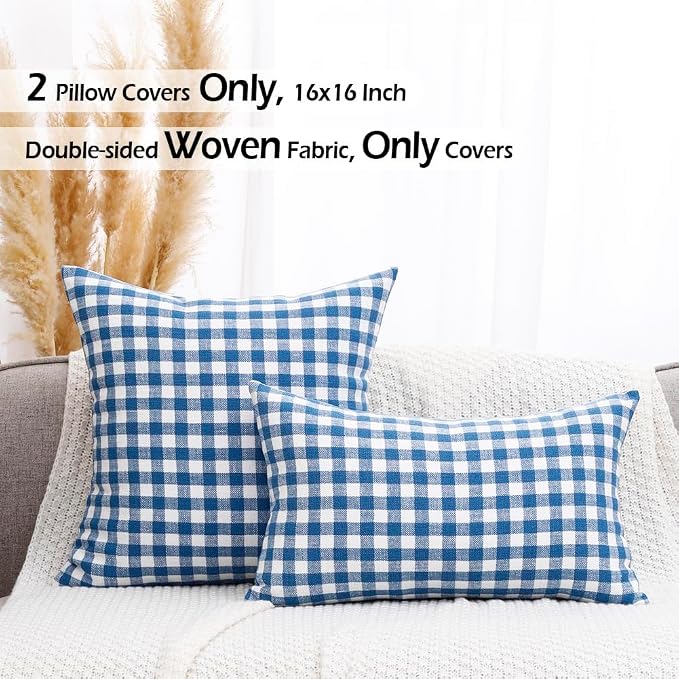Coastal Decor Light Blue Gingham Plaid Throw Pillow Covers 16x16 Set of 2 | Blue Pillow Covers 16 x 16, Vintage Farmhouse Cottage Core Decor, Blue and White Neutral, Cojines Decorativos Para Cama