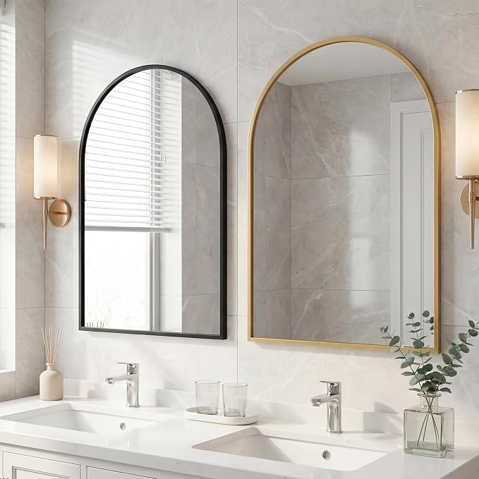 Arched Black Bathroom Mirrors for Wall, 26x38-Inch Bathroom Mirror for Over Sink, Wall Vanity Mirror with Matte Metal Frame and HD Shatter-Proof Glass for Entryway, Living Room, Bedroom