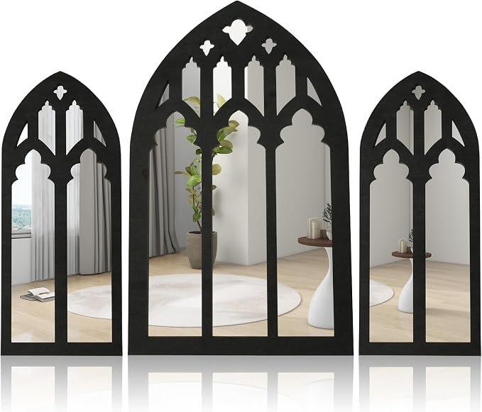 3 Pcs Gothic Arched Window Wall Mirror Set, Cathedral Arched Mirror Decor, Self-Adhesive Wall Mount for Living Room, Bedroom, Bathroom, Vanity, Entryway (31-B Model, Black)
