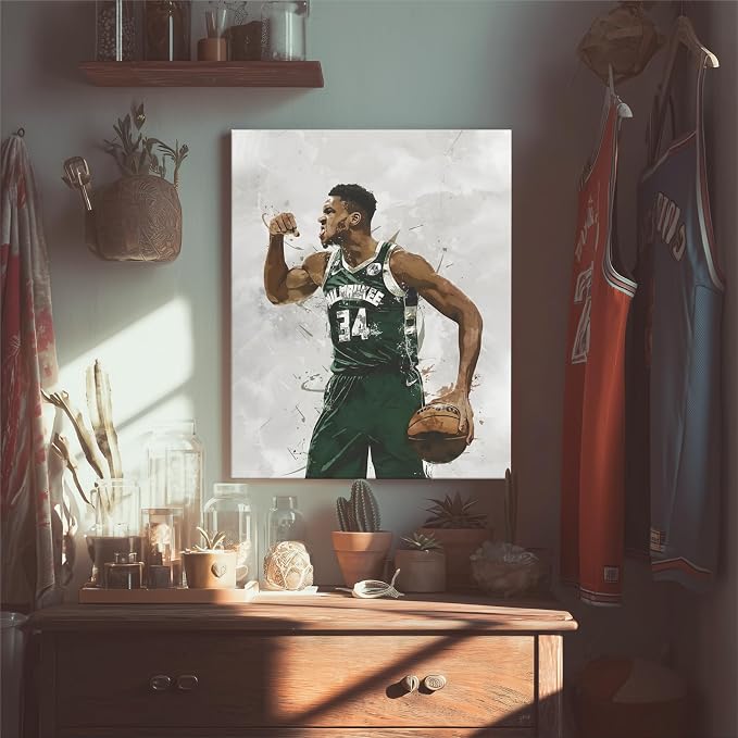 Giannis Antetokounmpo Basketball Canvas Wall Art, Sports Player Poster | Abstract splash ink athletic artwork, motivational sports wall decor for teen boys room, bedroom, living room, gym or office