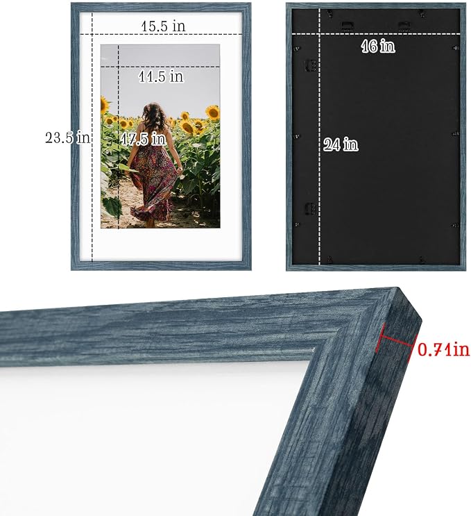 Frametory 3 Pack 16x24 Blue Picture Frame with Real Glass Mat for 12x18