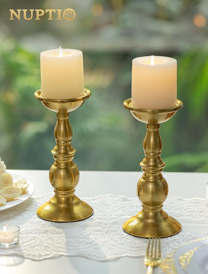 NUPTIO Pillar Candle Holder Brass: Gold Tall Candles Stand for 3" Pillars
