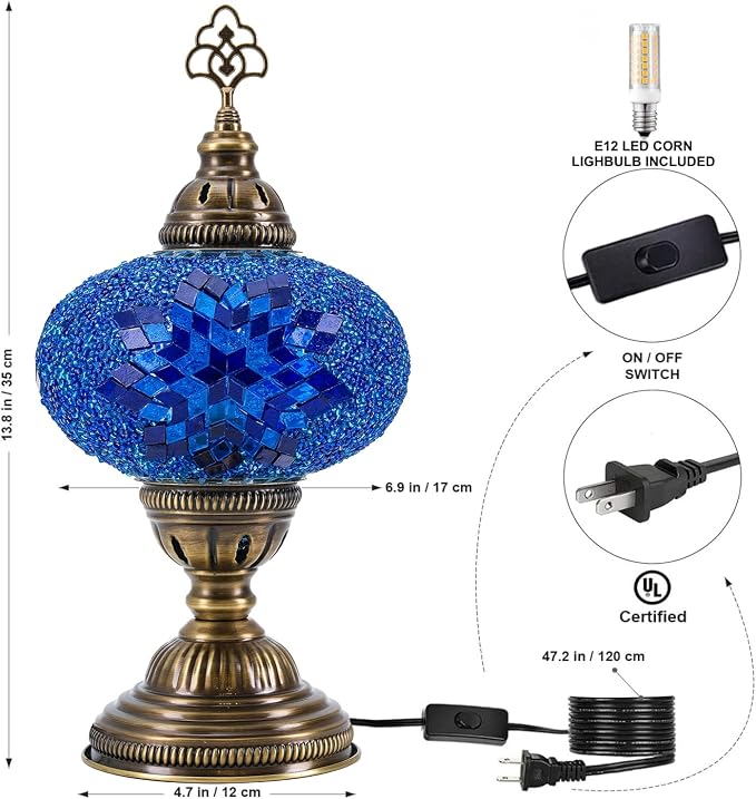 Turkish Lamp, Mosaic Table Lamp, Antique Moroccan Decorative Glass Bohemian Vintage Lamp Shade, Small Desk Tiffany Bedside Stained Glass Lamp with US Plug and E12 Socket