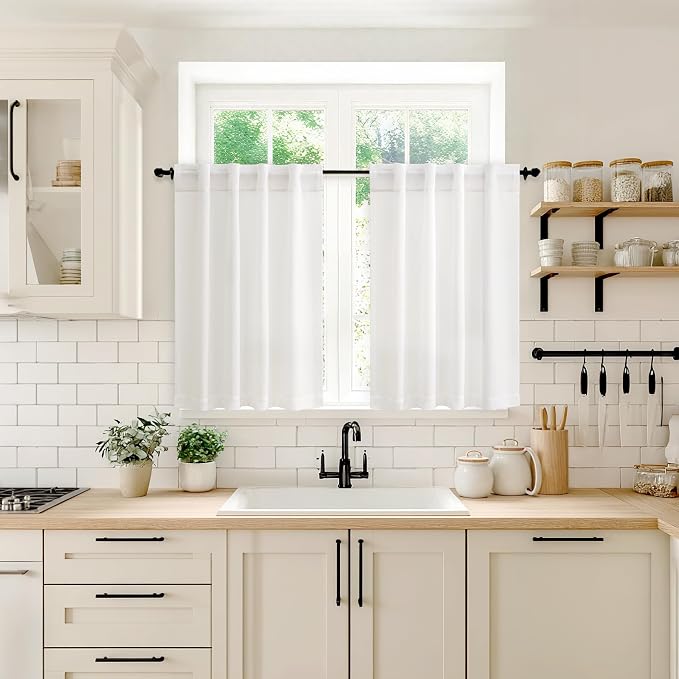 MIULEE Cafe Curtains Back Tab 24 Inch Length Light Filtering Small Drapes, Farmhouse Short Semi Sheer Linen Curtain for Kitchen Bathroom Half Window, Rod Pocket 2 Panels W30XL24 Heathered White