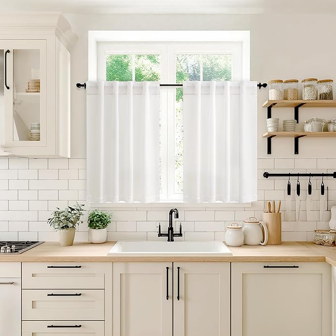 MIULEE Linen Textured Small Kitchen Window Curtains Over Sink, Semi Sheer Farmhouse Cafe Curtain 36 Inch Long Short Back Tab Half Window Curtains for Bathroom Basement 2 Panels Heathered White