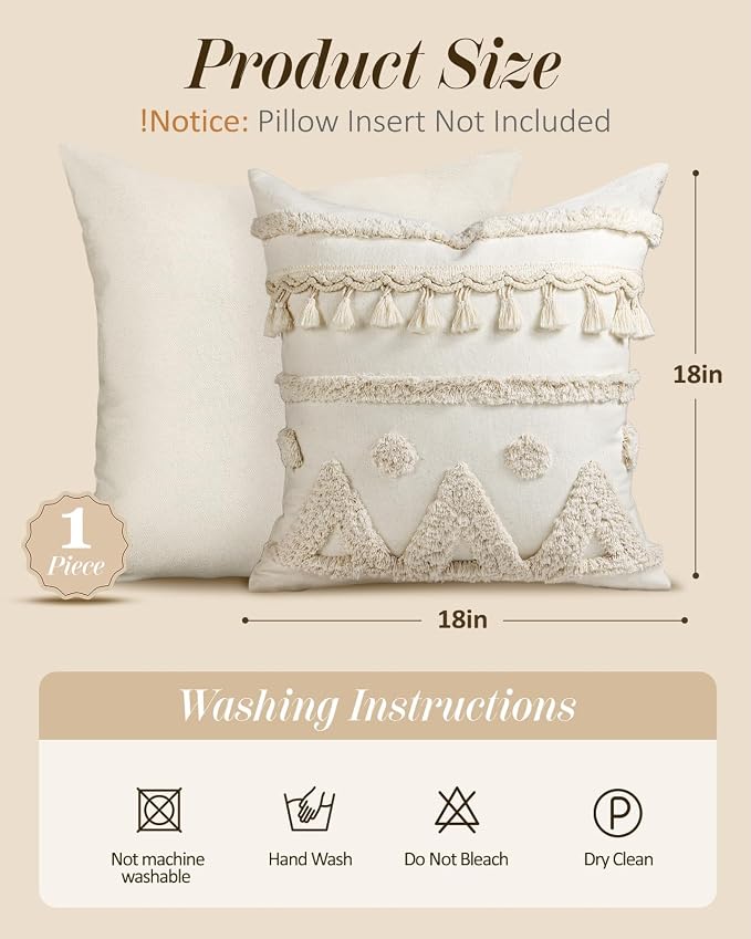 Throw Pillow Covers 18x18 - Tufted Boho Decorative Pillow Cover with Zipper for Couch Sofa Bed Living Room Aesthetic Soft Farmhouse Textured Striped Indoor Pillowcase, Cream Tassel