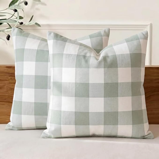 Sage Green Buffalo Check Plaid Outdoor Throw Pillow Cover 18x18 Set of 2 | Green Outdoor Pillow Covers 18 x 18, Outdoor Pillows for Patio Furniture,Sage Green Farmhouse Decorative Couch Pillow Covers