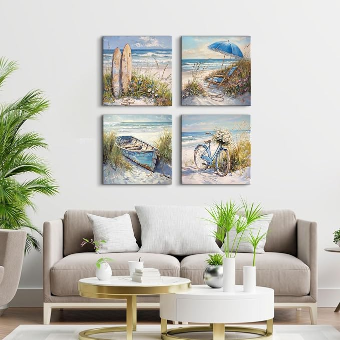 Rustic Coastal Wall Art Beach Picture Vintage Flowers Bicycle Wall Decor for Bathroom Bedroom Nautical Theme Seascape Floral Prints Boat Still Life Poster Artwork Living Room Home Decoration 20x20" 4p