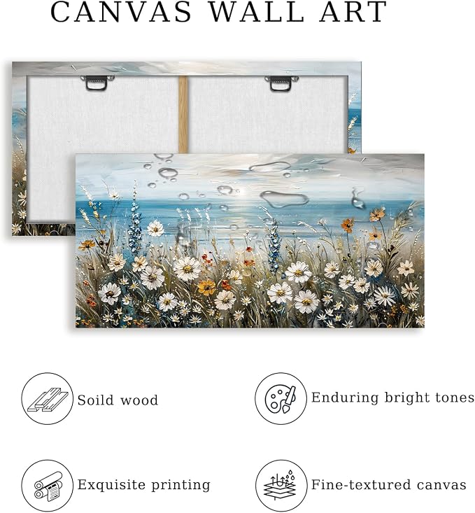 SERIMINO Coastal Landscape Wall Decor, Beach Daisy Canvas Prints 24"X48" | Large Beach Wall Art, Coastal Wildflower Daisy Artwork, Dining Room Kitchen Decor, Ready To Hang, Fade-resistant Inks