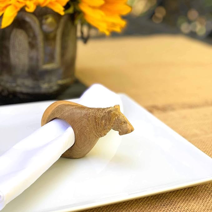 Global Crafts Handcarved Mahogany Wooden Napkin Ring Holders, Lion, Set of 6 (KWF012_L)