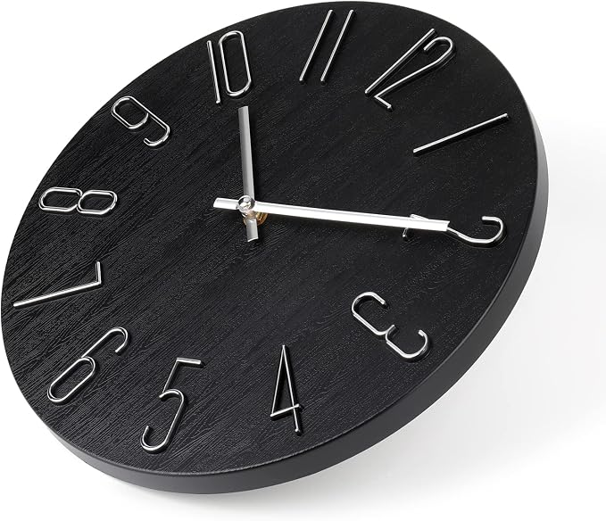 jomparis Black Wall Clock Modern Style Plastic Wooden Wall Clocks Decor 12 Inch Silent Non-Ticking for Office Home Bedroom