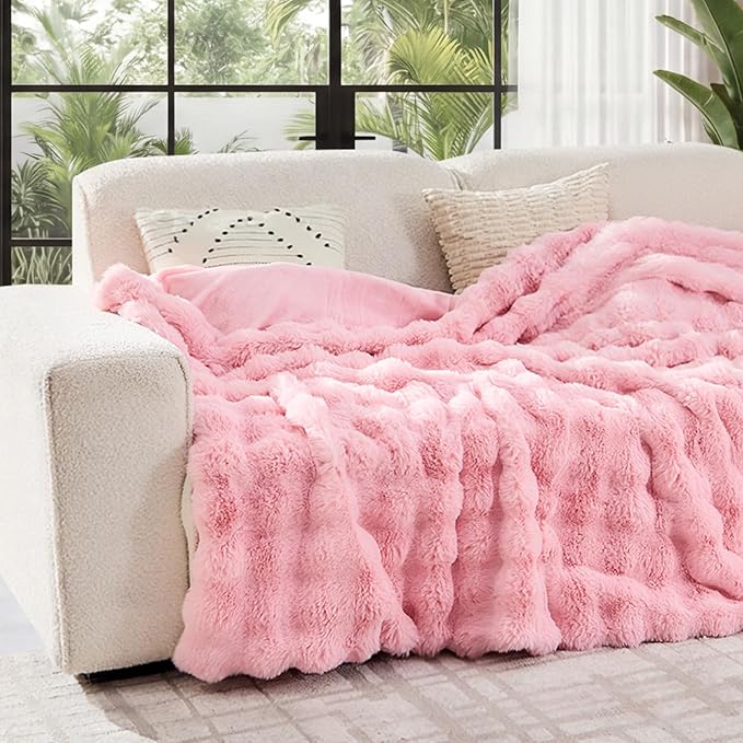 Lotus Karen Faux Fur Throw Blanket Pink - Big Bubble Rabbit Fluff Blanket for Couch, Sall Fluffy Fuzzy Cozy Blanket,Thick Furry Plush Shaggy Blankets,60x80 Inches