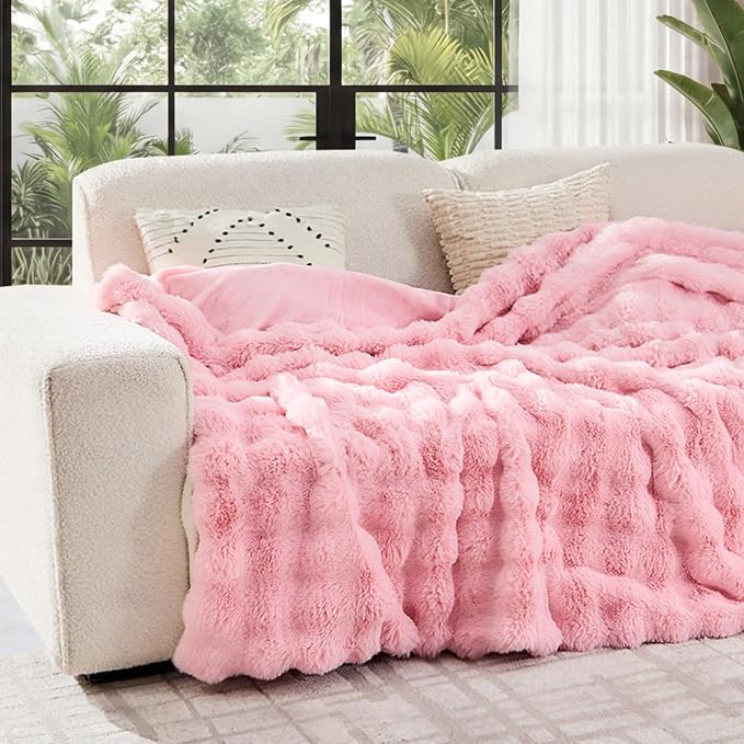 Lotus Karen Faux Fur Throw Blanket Pink - Big Bubble Rabbit Fluff Blanket for Couch, Small Fluffy Fuzzy Cozy Blanket,Thick Furry Plush Shaggy Blankets,50x60 Inches