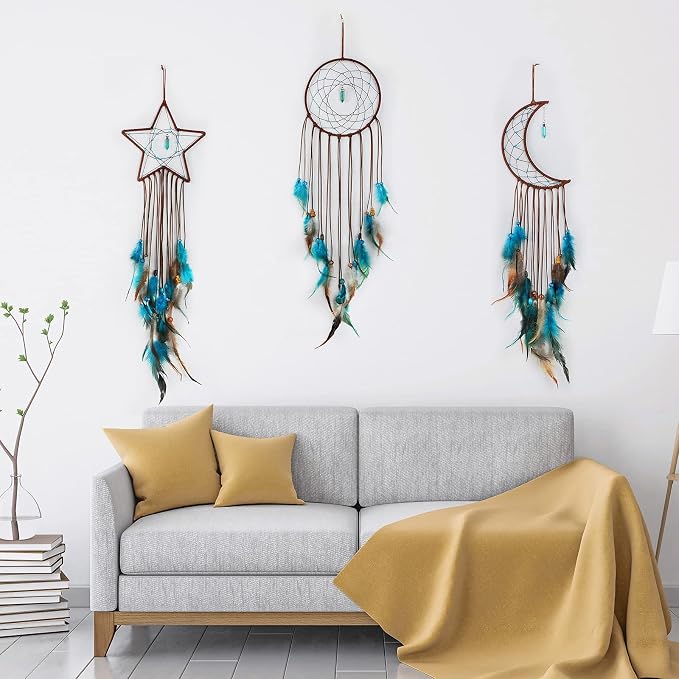Jetec 3 Pcs Dream Catcher for Girl Star Sun Moon Decor,Dark Blue