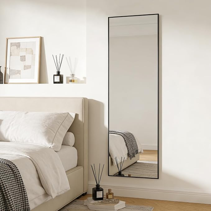 51x16 Inch Full Length Mirror Over the Door Hang or Wall Mounted Black | HD Tempered Glass, Aluminum Frame Rect Full Body Dressing Make-up Mirrors for Bedroom, Bathroom, Entryway, Living Room