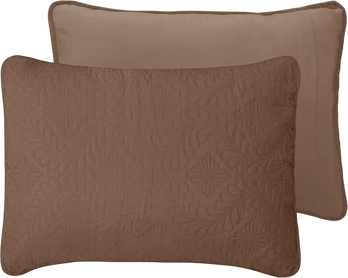 Easy-Going Reversible Quilt Set Full/Queen, Bedspread with 2 Shams | Olive leaf-Brown/Beige, Lightweight Microfiber Bed Comforter, 1 Quilt + 2 Pillow Shams, All-Season Coverlets for Bedroom