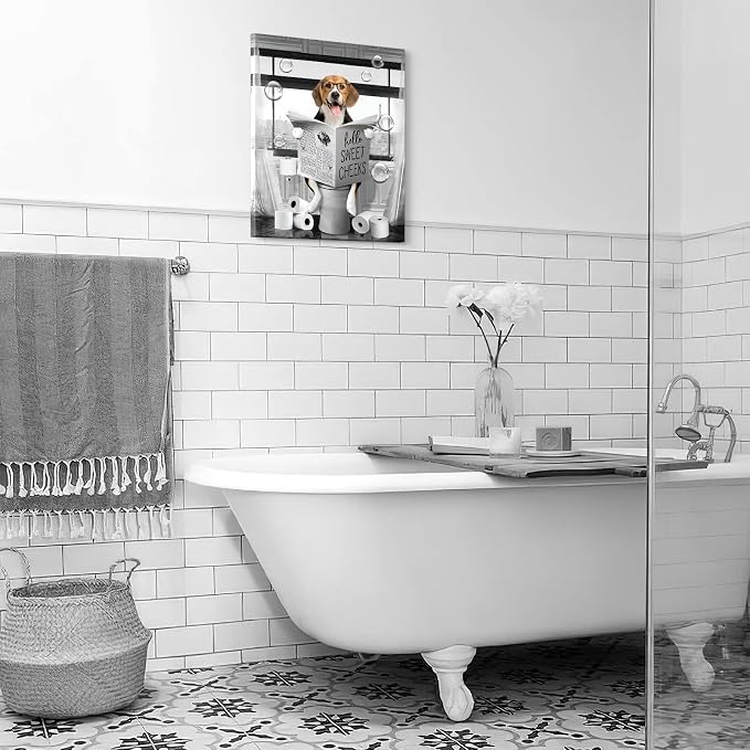 Funny Beagle Dog Wall Art Black and White Farmhouse Bathroom Print - Animal Decor Sitting in Toilet Reading Newspaper Painting - Framed Artwork 12x16 Inch