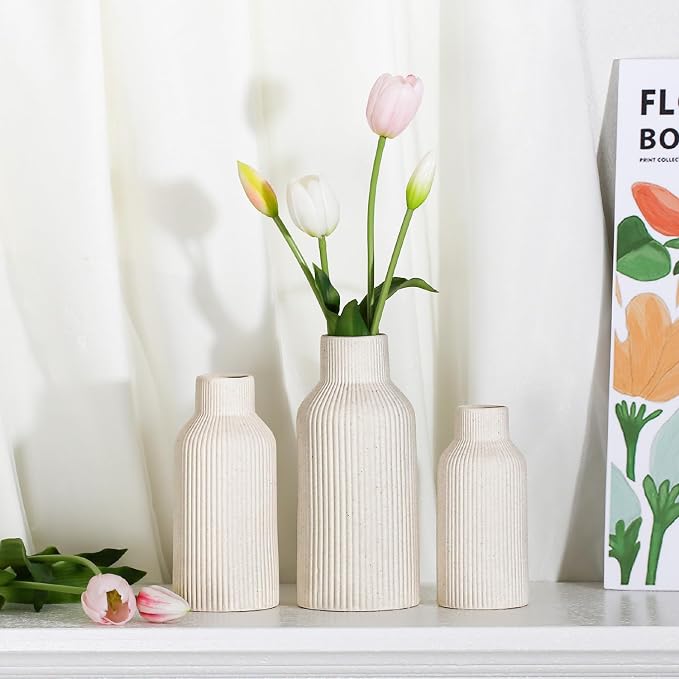 Bohemian Beige Ceramic Vase - for Pampas Grass, Mantel, Bookshelf, Entryway and Living Room Decor (Beige, 7in)