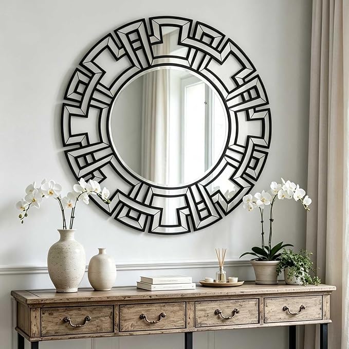 Black Mirrors for Living Room Decor, 32'' Large Round Mirror with Beveled Edge Glass, Modern Decorative Wall Mirror for Dining Room, Entryway, Bedroom, Fireplace