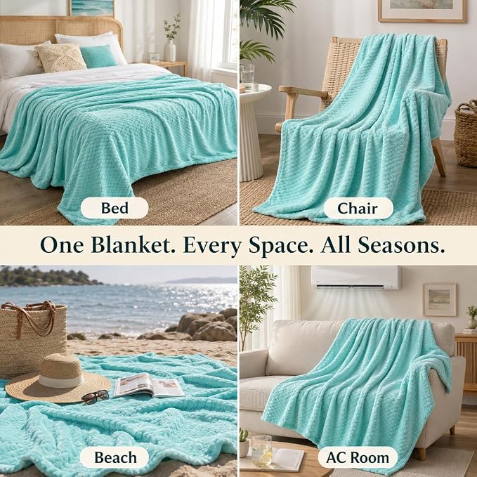 Hoomly Soft Mint Throw Blanket 60x80 Breathable Fleece for AC Rooms | 300GSM Flannel Feel, Single Layer 3D Jacquard, Sofa Bed Office Car Travel, Fresh Pastel Decor, Low Shed, Machine Washable