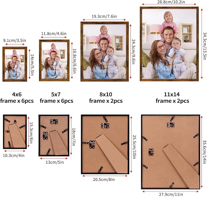 Giftgarden 16 Pack Brown Picture Frames for Multi Sizes Photos, Including Two 11x14, Two 8x10, Six 5x7, Six 4x6, Assorted Gallery Collage Frame Set for Wall or Tabletop Display, Fathers Day