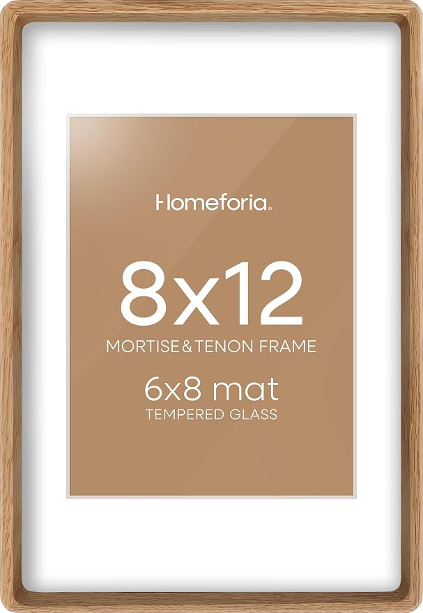 Homeforia 8x12 Mortise&Tenon Natural Oak Picture Frame, 6x8 Mat, Glass