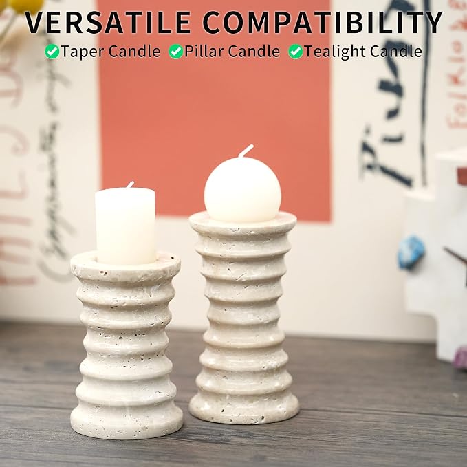 Travertine Marble Candlestick Holders - Set of 2 Stone Candle Sticks Holder Decor, Decorative Modern Candle Stands Multi-Purpose for Taper/Pillar/Tealight/Scented Candles