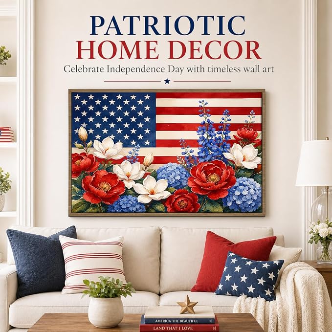 American Flag Framed Canvas Wall Art, 4th of July Floral Canvas Prints | Wildflower Landscape Poster Print, Vintage Rustic Independence Day Wall Decor for Bedroom Living Room Office 8×10in