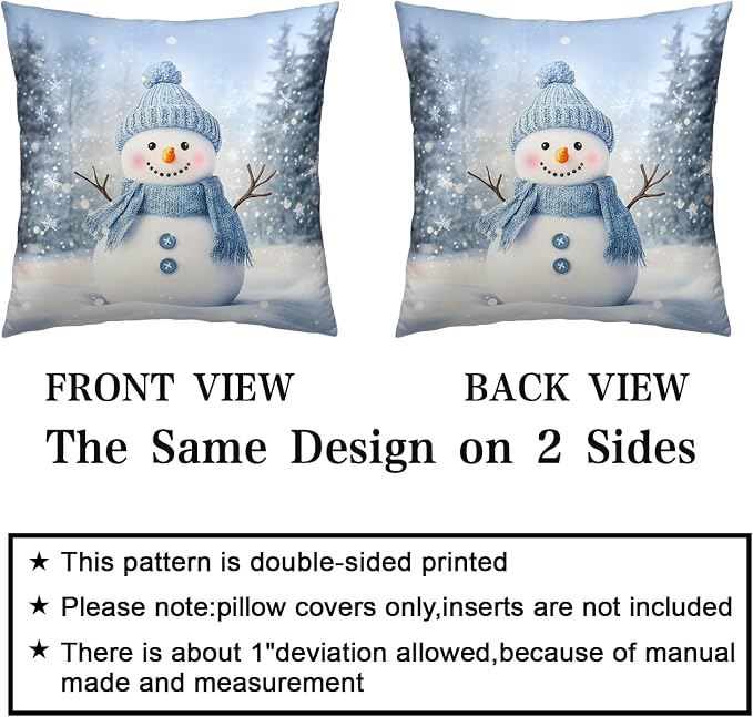 Blue Snowman Throw Pillow Covers Winter Pillow Covers 20x20 Snowflakes Pillow Case Double Sided Printing Cushion Case for Home Decor Couch Sofa Set of 2