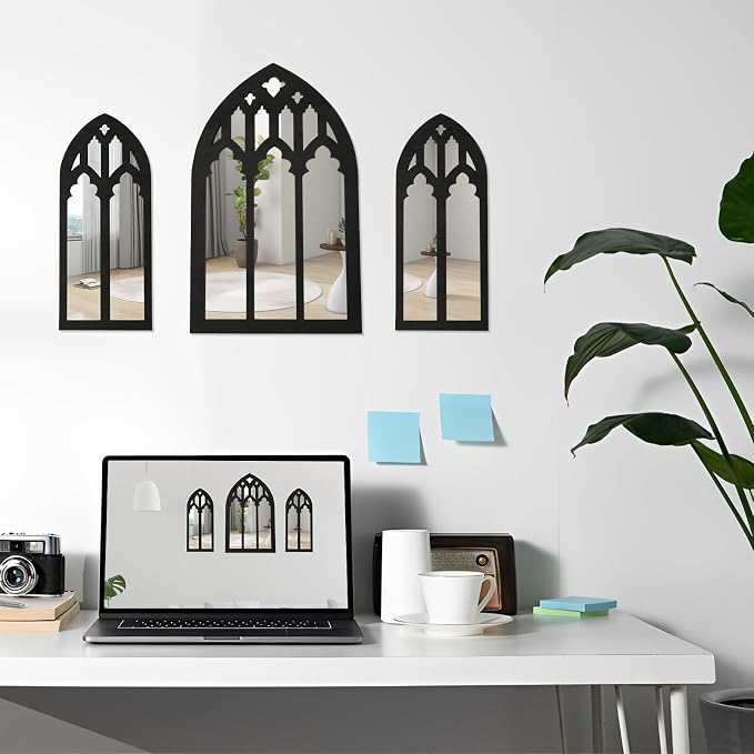 3 Pcs Gothic Arched Window Wall Mirror Set, Cathedral Arched Mirror Decor, Self-Adhesive Wall Mount for Living Room, Bedroom, Bathroom, Vanity, Entryway (31-B Model, Black)