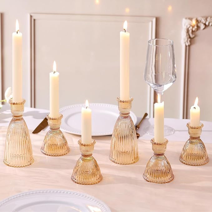 Gold Candlestick Holders Set of 6-4pcs 3.5"& 2pcs 6" Assorted Taper Candle Holder Centerpieces for Wedding, Ribbed Glass Candle Holders Bulk for Party Table Decor, Modern Home Decor