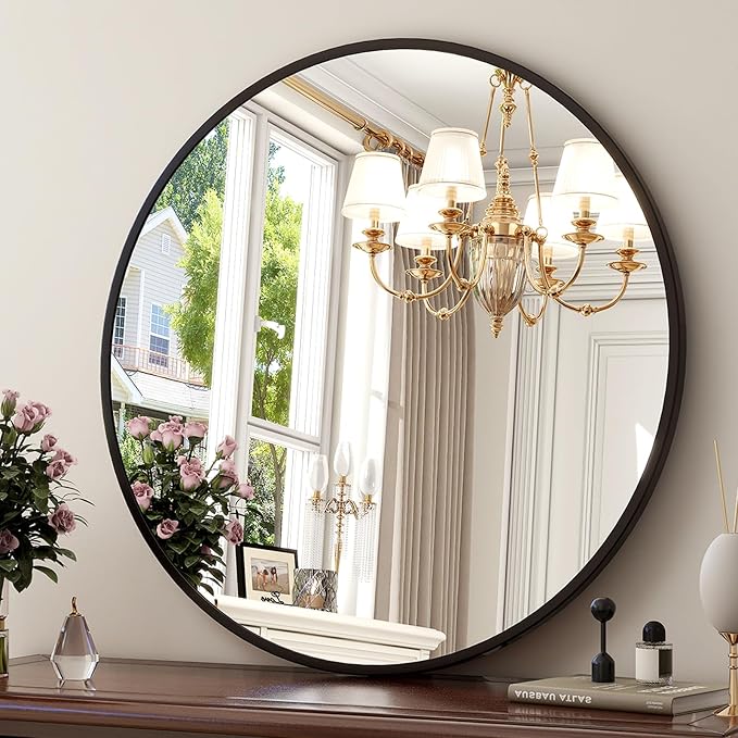 XRAMFY 30 Inch Round Mirror-Black Circle Mirrors for Bathroom, Entryway | Modern Hanging Vanity Mirror for Livingroom, Wall Decor, Bedroom, Matte Black Circle Decorative Wall Mirror
